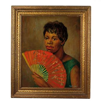 (ART.) JOHNSON, H.O. Untitled portrait of a woman with an orange fan.
